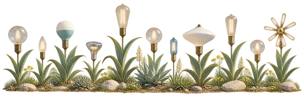 Decorative light bulbs with bronze stems growing from green foliage and rocks like a whimsical garden display.