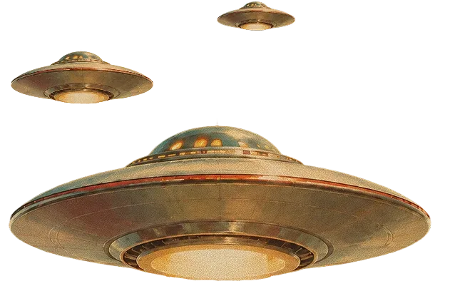 Three metallic flying saucers with domed tops and glowing centers against a white background in vintage style.