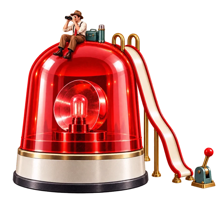 Miniature explorer with binoculars sitting atop a giant red emergency siren light with a gold slide attached.