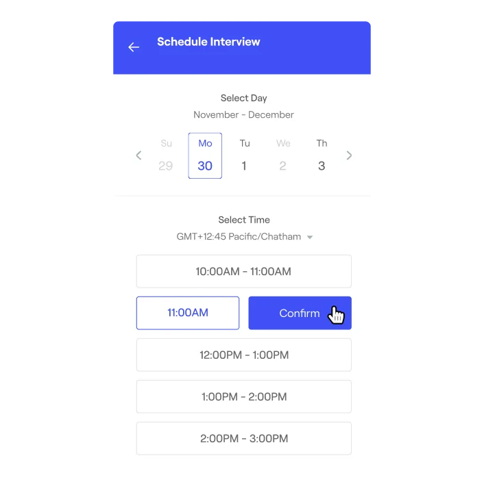 Screengrab of AI Scheduling features available within Phenom's recruiter experience on a transparent background