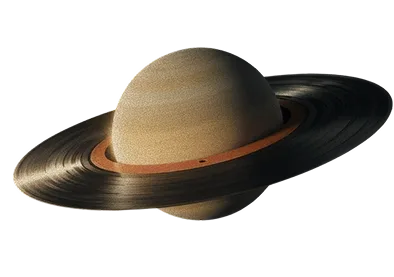 A wide-brimmed tan hat with a brown leather band and black vinyl record forming the brim on white background.