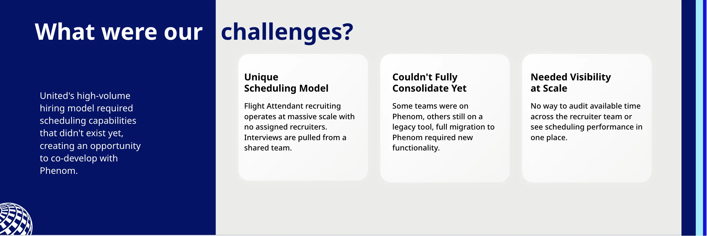 United states their challenges in interview scheduling and how Phenom AI was used to fix it. Challenges included a unique scheduling model, inability to fully consolidate, and a need for visibility at scale. With Phenom AI, these challenges were met.