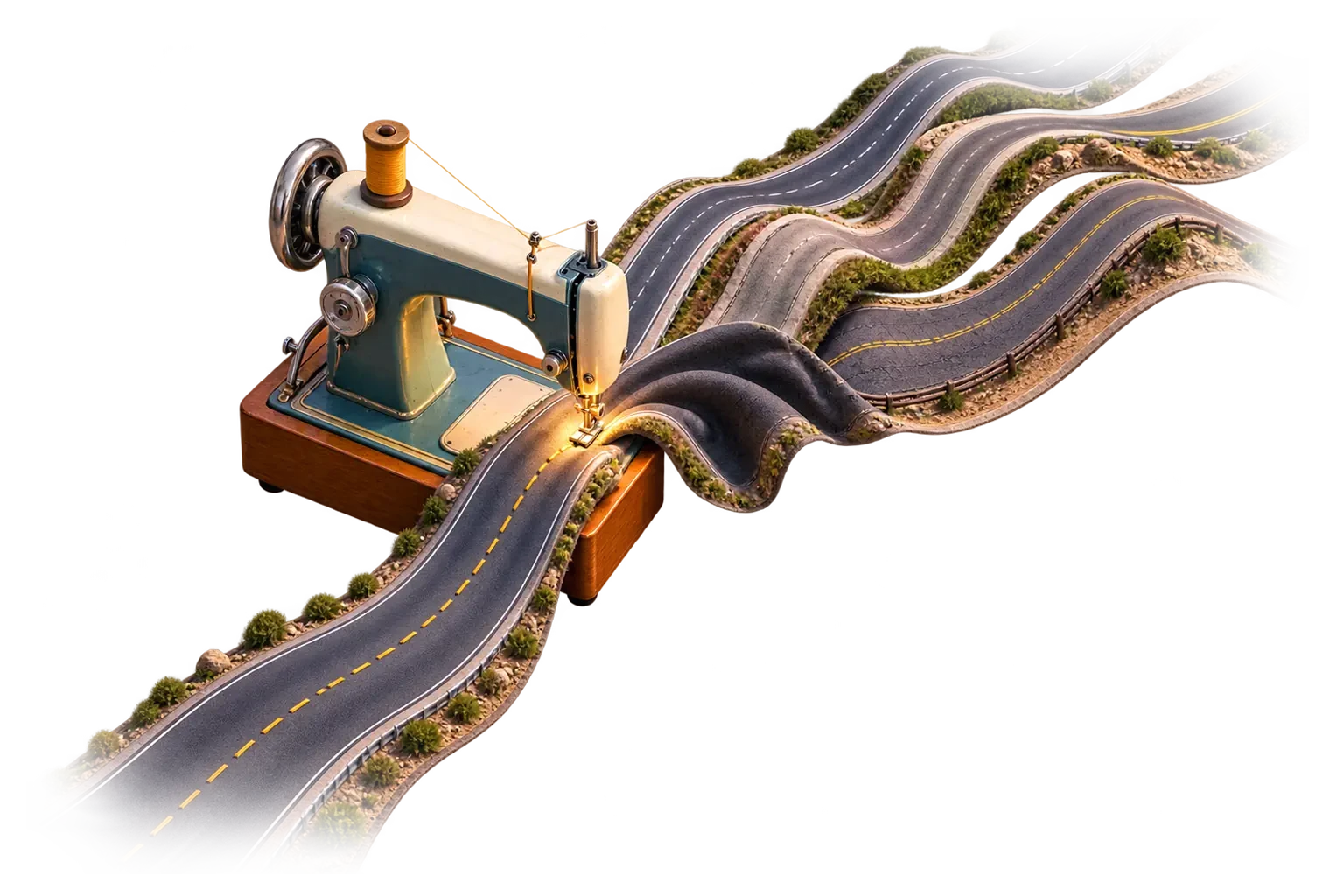 Image of a vintage sewing machine sewing several roads and paths into one road.