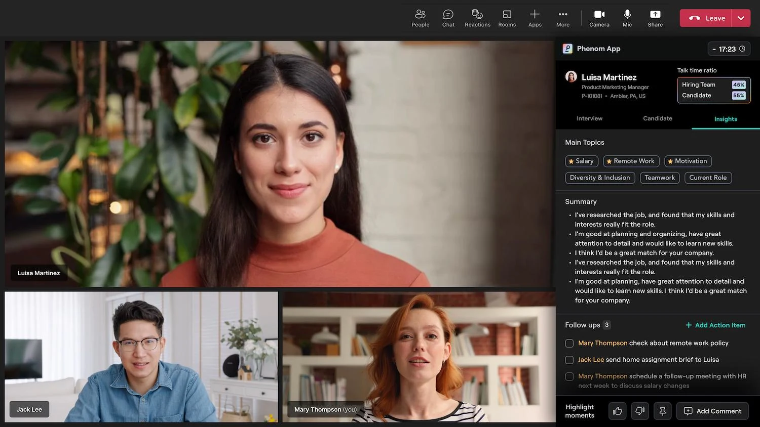 (Image: Phenom Interview Intelligence serves as a central hub during video interviews, displaying candidate profile details, interview notes, and action items for next steps)