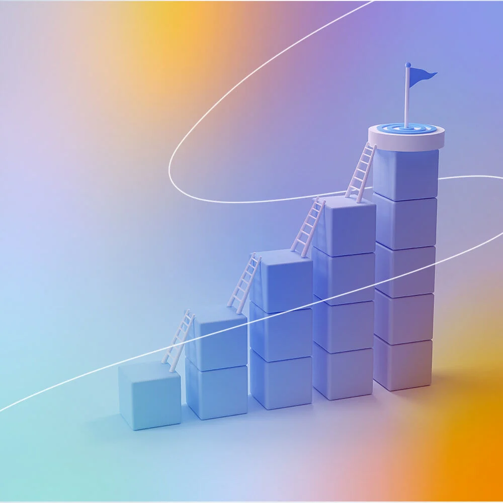 Gradient background with blocks and ladder leading to flag