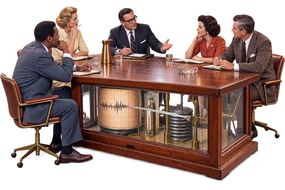 Five people in 1960s business attire sit around a conference table with a visible seismograph machine inside its base.