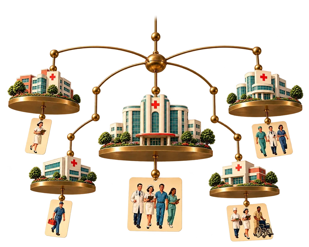 Bronze mobile balancing multiple hospital buildings with red crosses and healthcare workers on circular platforms.