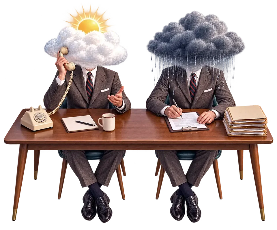Two businessmen at desk with cloud heads: one sunny with phone, one stormy with rain writing documents.