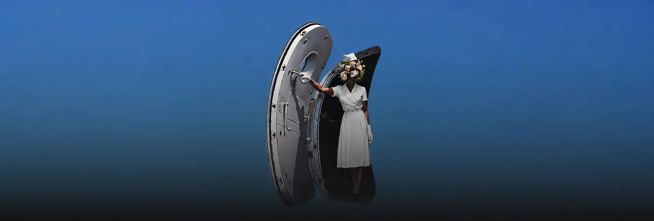 Woman in white dress holding pink flowers emerges from open vault door against blue gradient background.