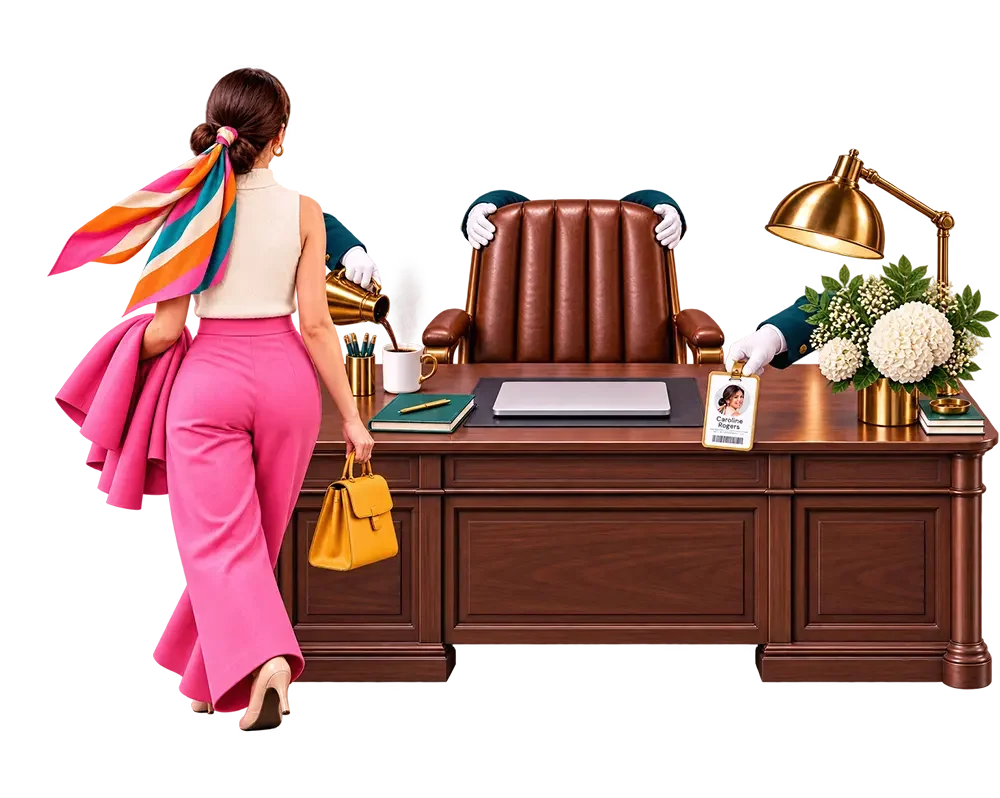 Woman in pink outfit with colorful scarf approaching brown leather executive desk with gold lamp and white flowers
