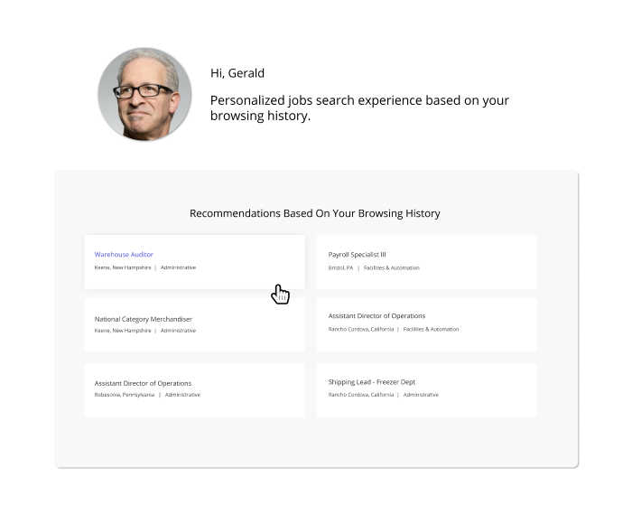 Phenom personalized job recommendations panel based on a candidate's browsing history.