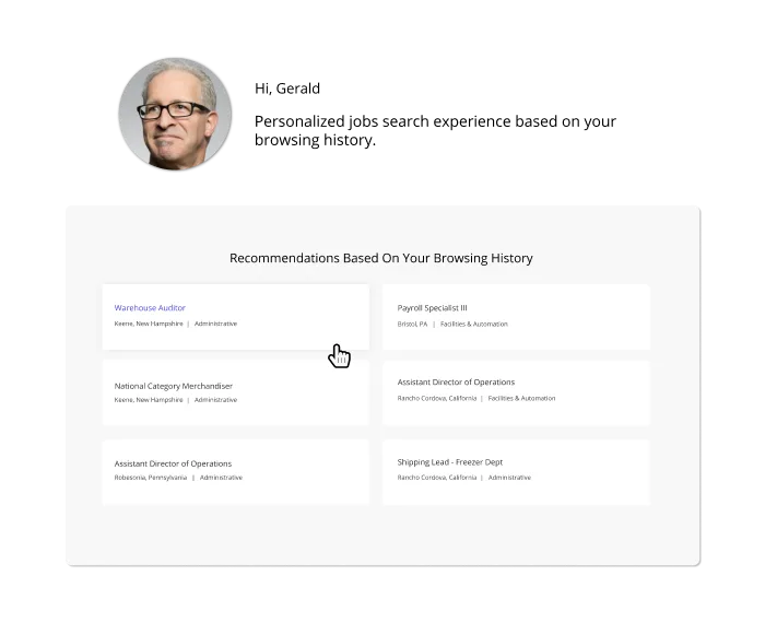 Phenom personalized job recommendations panel based on a candidate's browsing history.