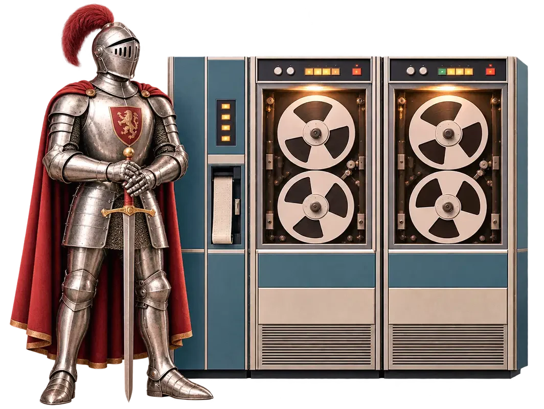 Medieval knight in silver armor with red cape and plume standing beside vintage mainframe computer with reel-to-reel tapes