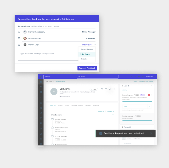 Two examples of how Phenom recruiter and manager experiences help drive hiring decision alignment with real-time feedback and candidate insights