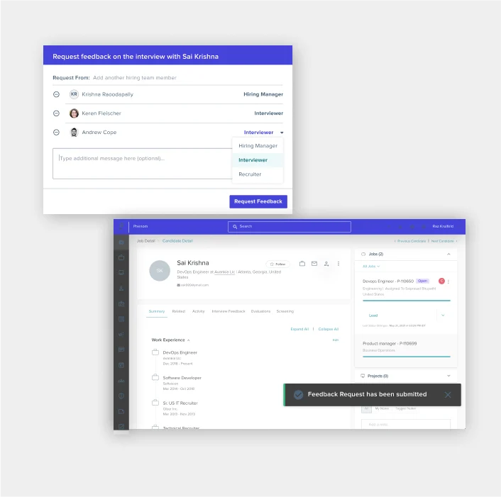Phenom Video Assessment view showing interview feedback requests sent to hiring managers, interviewers, and recruiters.