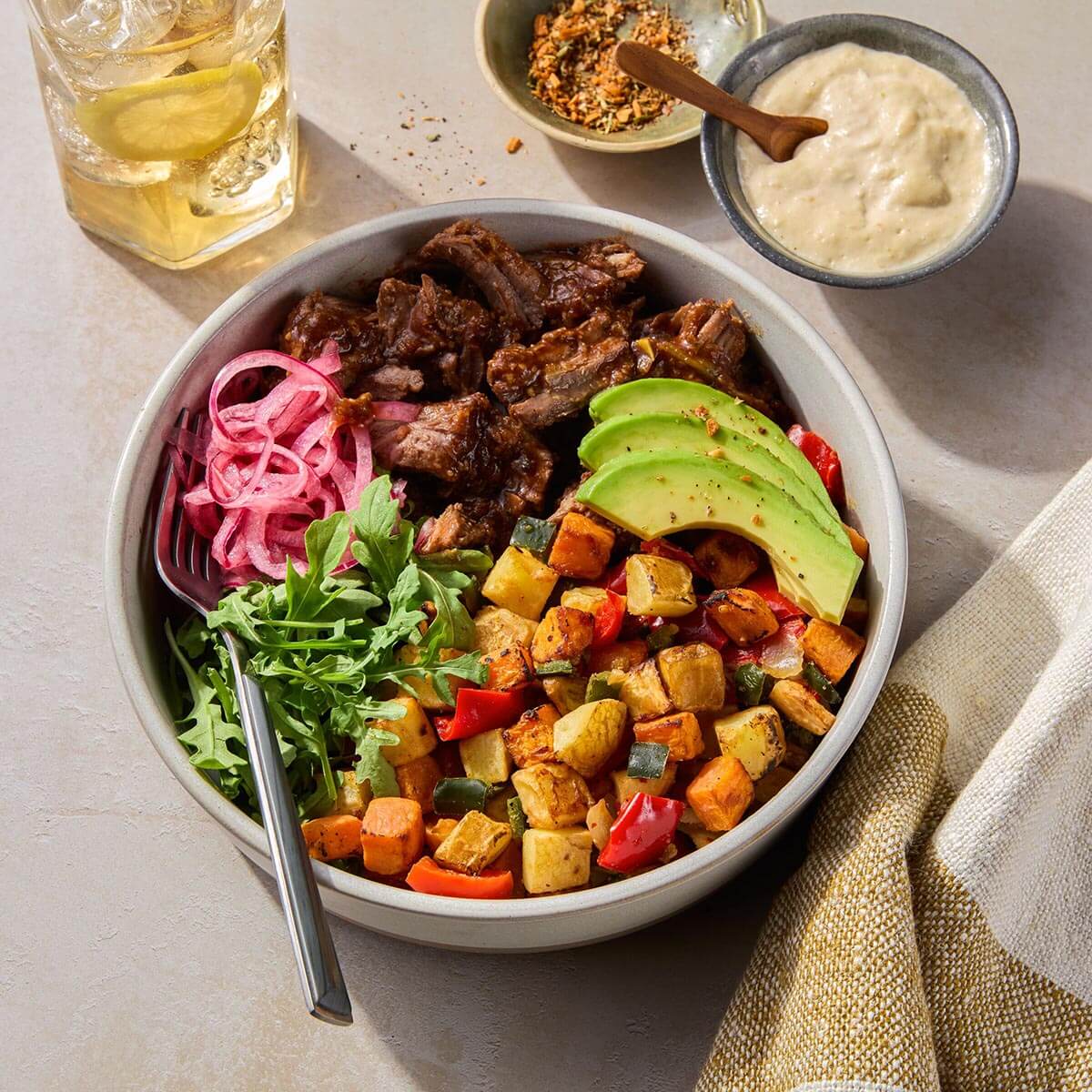 Braised Beef Bowl with Hash, Arugula, and Horseradish Crema | Simplot Food - USA