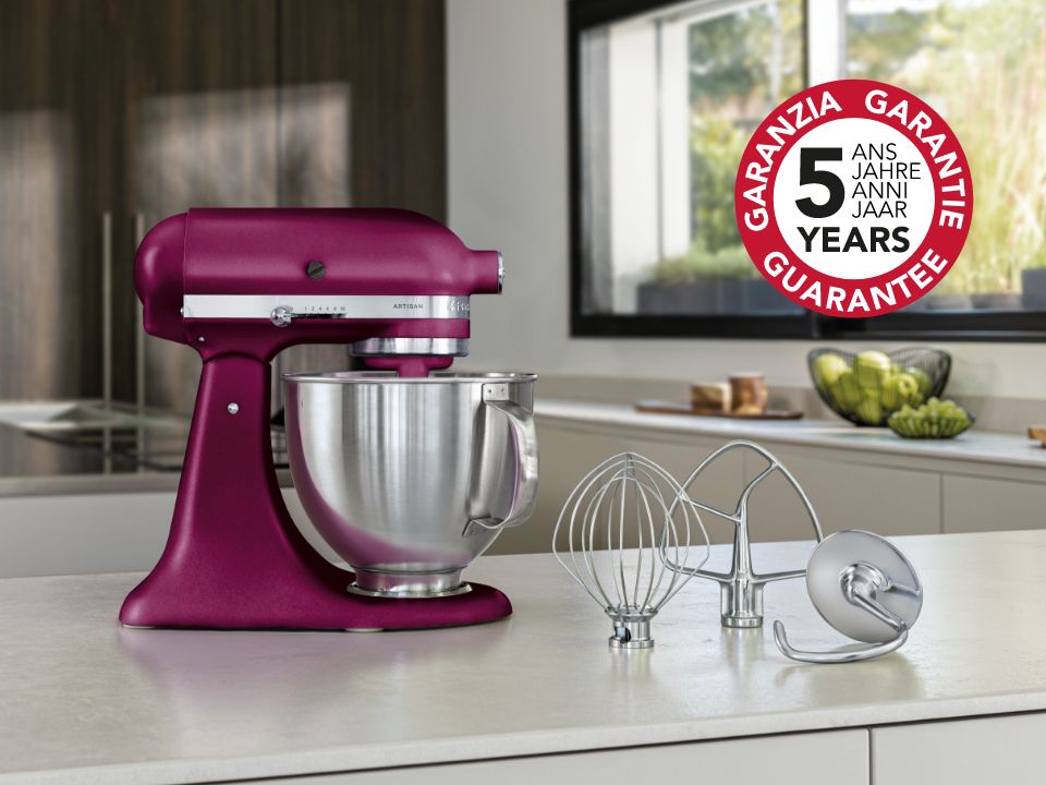 Mixers-tilt-head-4.7L-artisan-exclusive-beetroot-mixer-with-accessories-on-countertop-5-year-guarantee