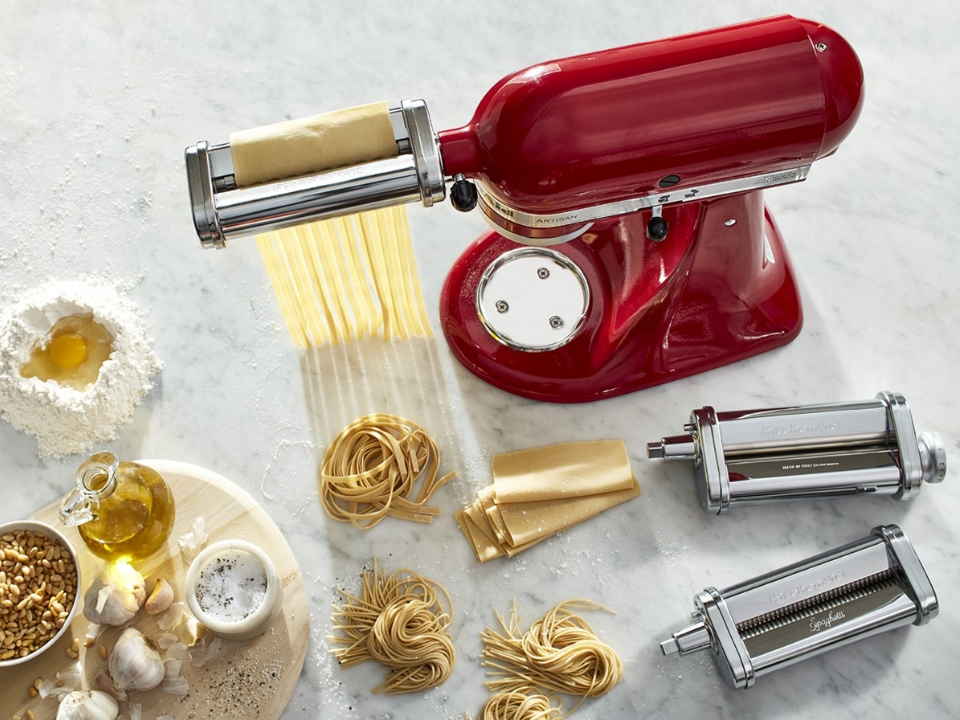 Mixer-attachments-pasta-roller-and-cutter-top-view-rollers-and-cutter-attached-to-mixer