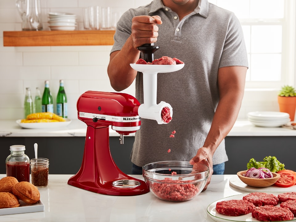 mixer attachments-mixer-attachment-set-grinder-attached-on-stand-mixer-grinding-meat