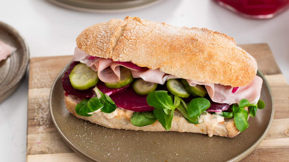 Mortadella sandwich with pickled veggies and special sauce