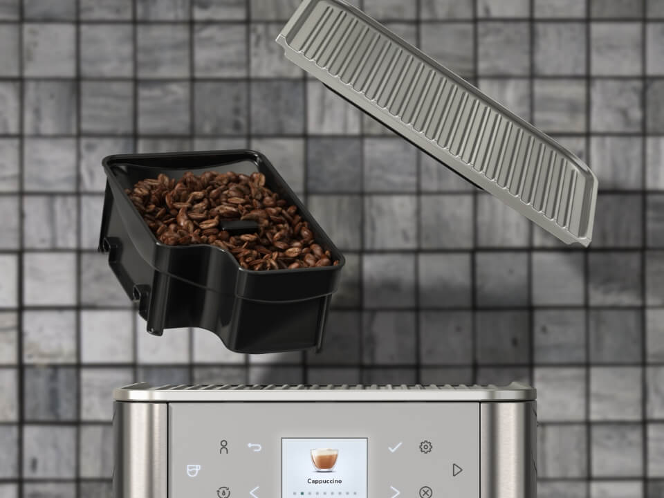 Fully-Automatic-Espresso-Machines-KF6-KES8556-stainless-steel-with-open-bean-hopper-floating-in-the-air