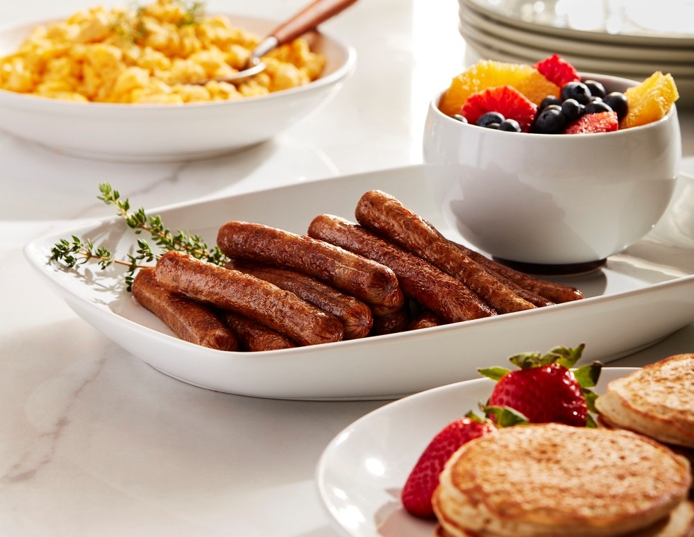 Homemade-sausages-pancakes-fruit-breakfast