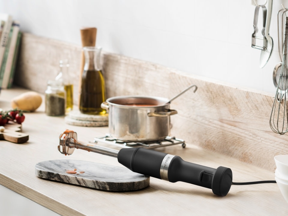 Hand-blenders-with-accessories-5KHBV83-matte-black-hand-blender-on-kitchen-counter