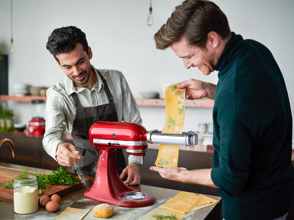 Mixer-attachments-pasta-roller-two-man-using-pasta-roller