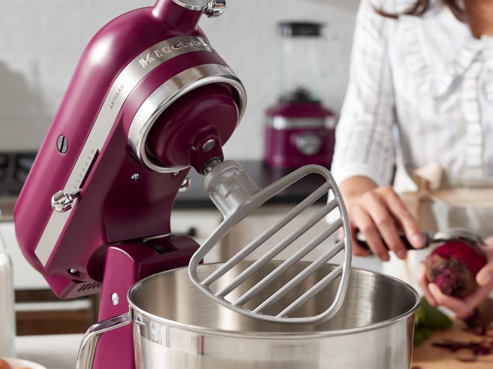 Mixers-tilt-head-4.8L-artisan-coty-beetroot-mixer-in-the-kitchen-with-pastry-beater-accessory