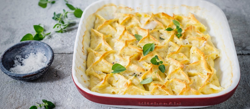 Crêpes-like ham and goat cheese pasta gratin