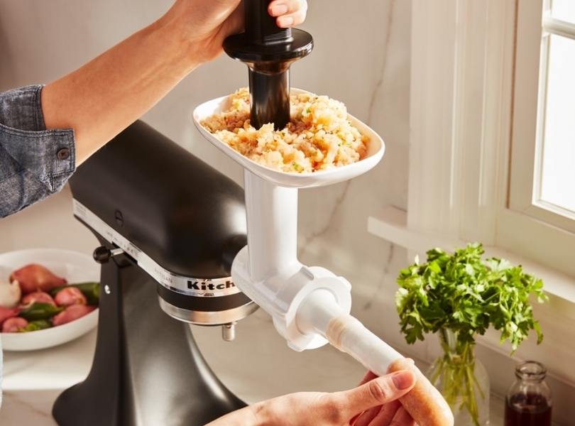 Sausage-stuffer-attached-to-a-black-mixer
