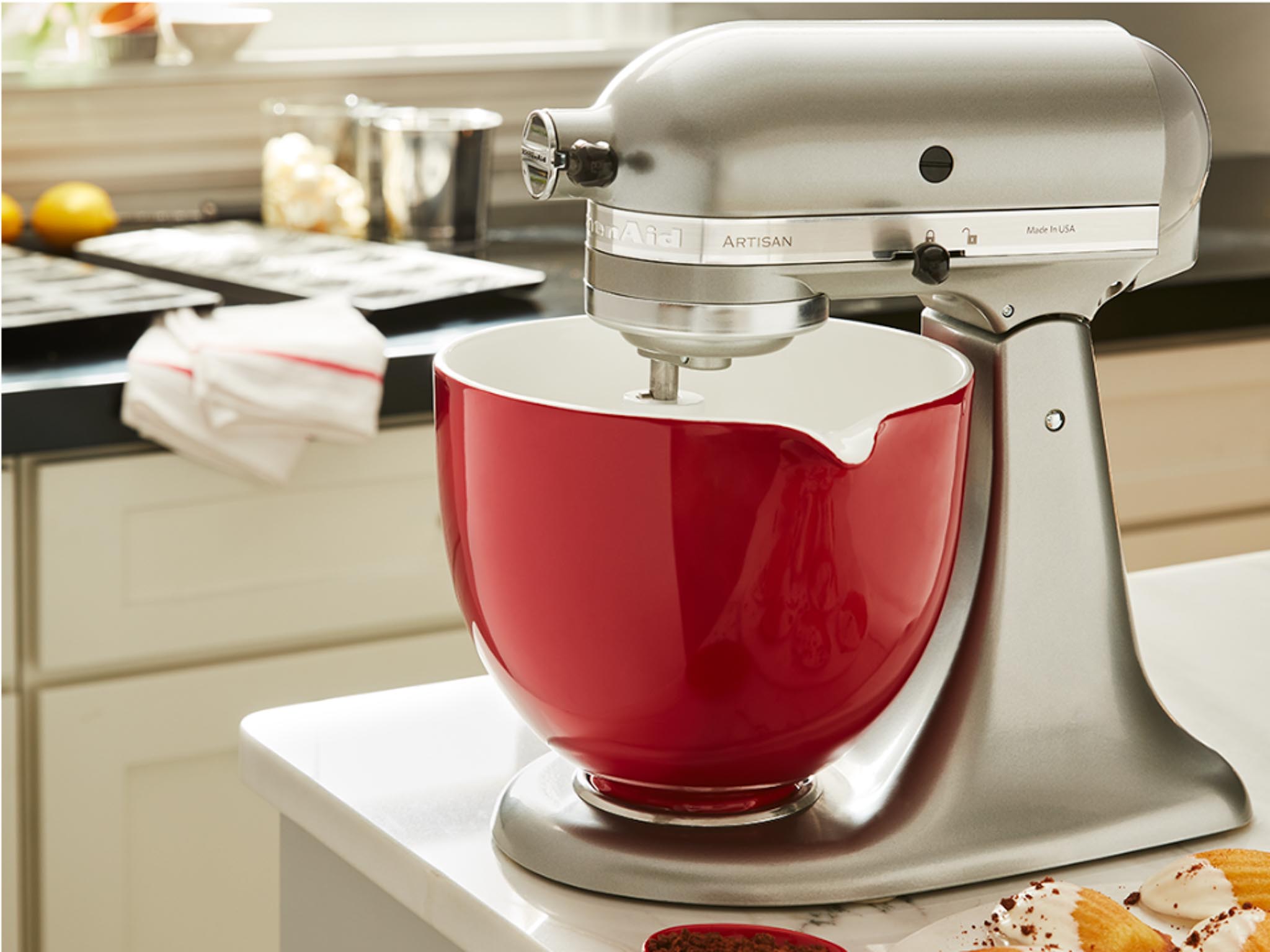 Accessories ceramic bowl red empire mixer and bowl on kitchen counter