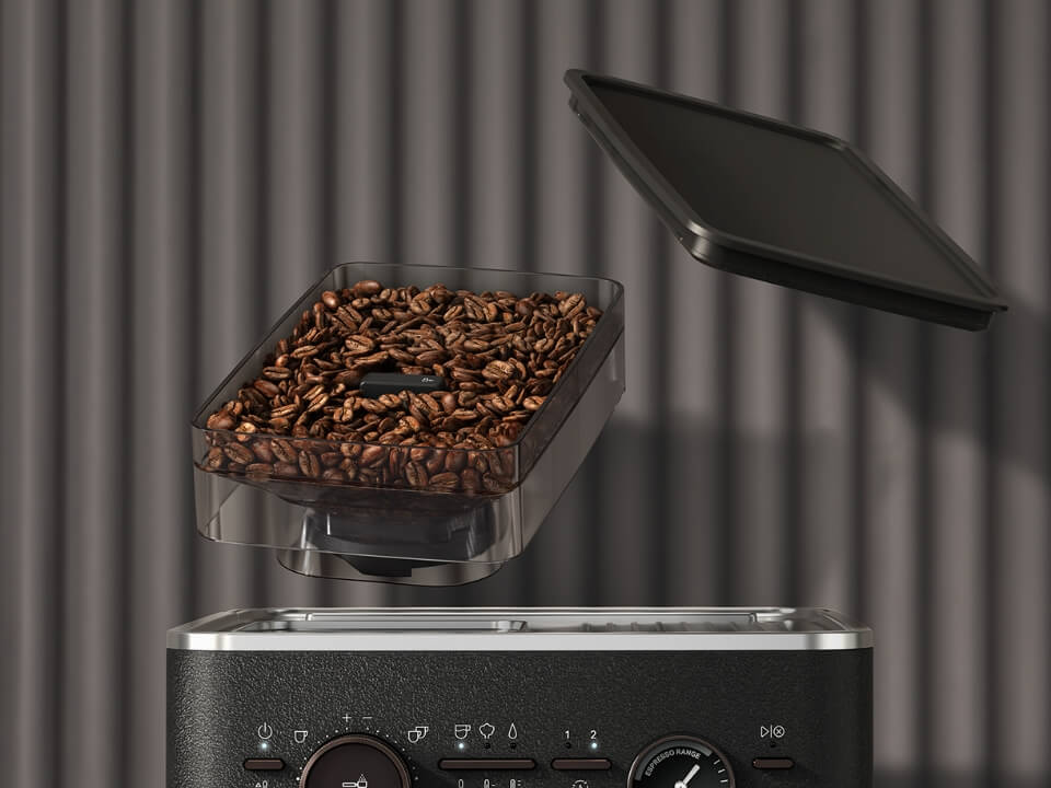 Removable-bean-hopper-with-lid-semi-automatic-KESRBHS-bean-hopper-floating-above-semi-automatic-coffee-machine