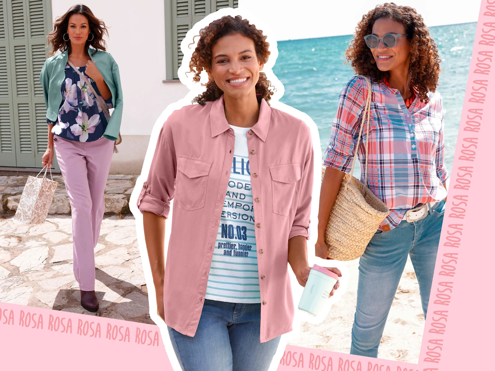 Collage mit drei Models: Das Model auf der linken Seite trägt eine marine-kalkmint-bedruckte Schlupfbluse in Georgette-Qualität, das Model in der Mitte trägt eine rosenquarz-farbene Hemdbluse aus reiner Viskose und das Model auf der rechten Seite trägt eine grapefruit-himmelblau-karierte Bluse mit Kellerfalte im Rücken. Collage mit drei Models: Das Model auf der linken Seite trägt eine marine-kalkmint-bedruckte Schlupfbluse in Georgette-Qualität, das Model in der Mitte trägt eine rosenquarz-farbene Hemdbluse aus reiner Viskose und das Model auf der rechten Seite trägt eine grapefruit-himmelblau-karierte Bluse mit Kellerfalte im Rücken.