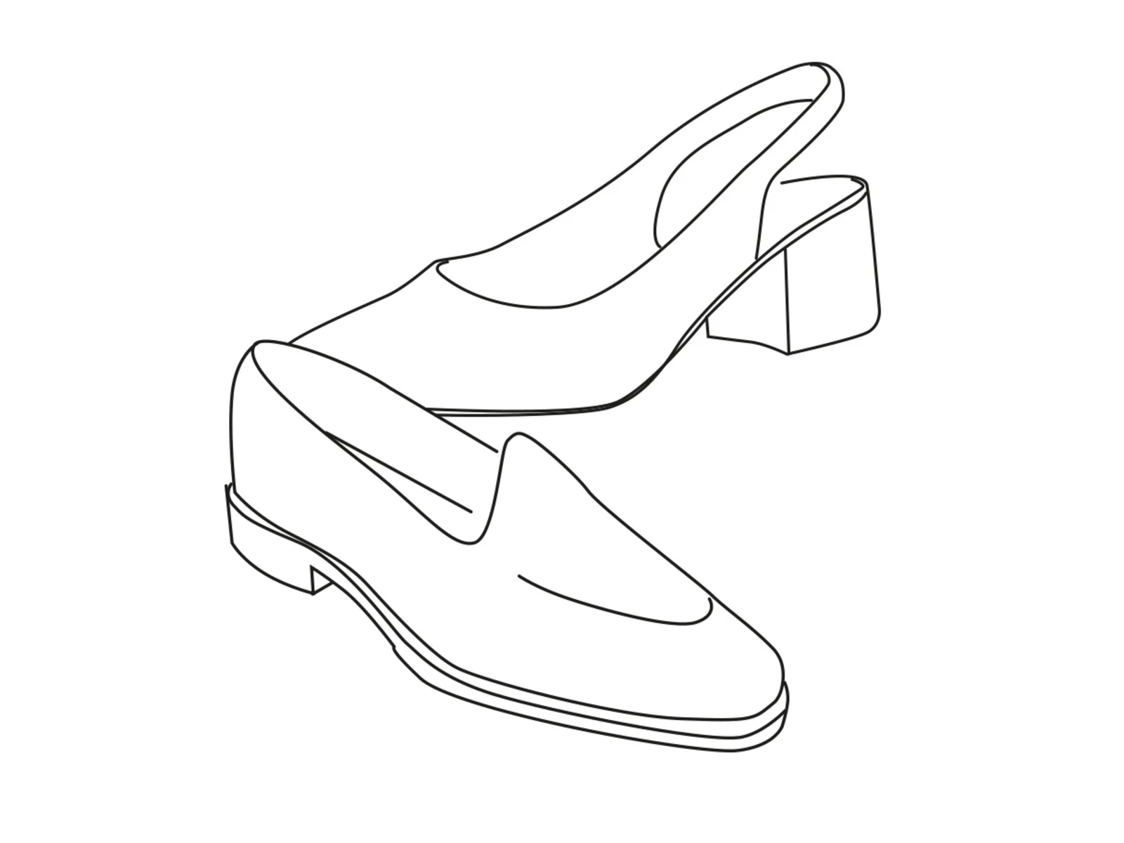 Minimalistische Zeichnung von zwei eleganten Schuhen, einem flachen Loafer und einem Slingback-Pumps mit Blockabsatz.