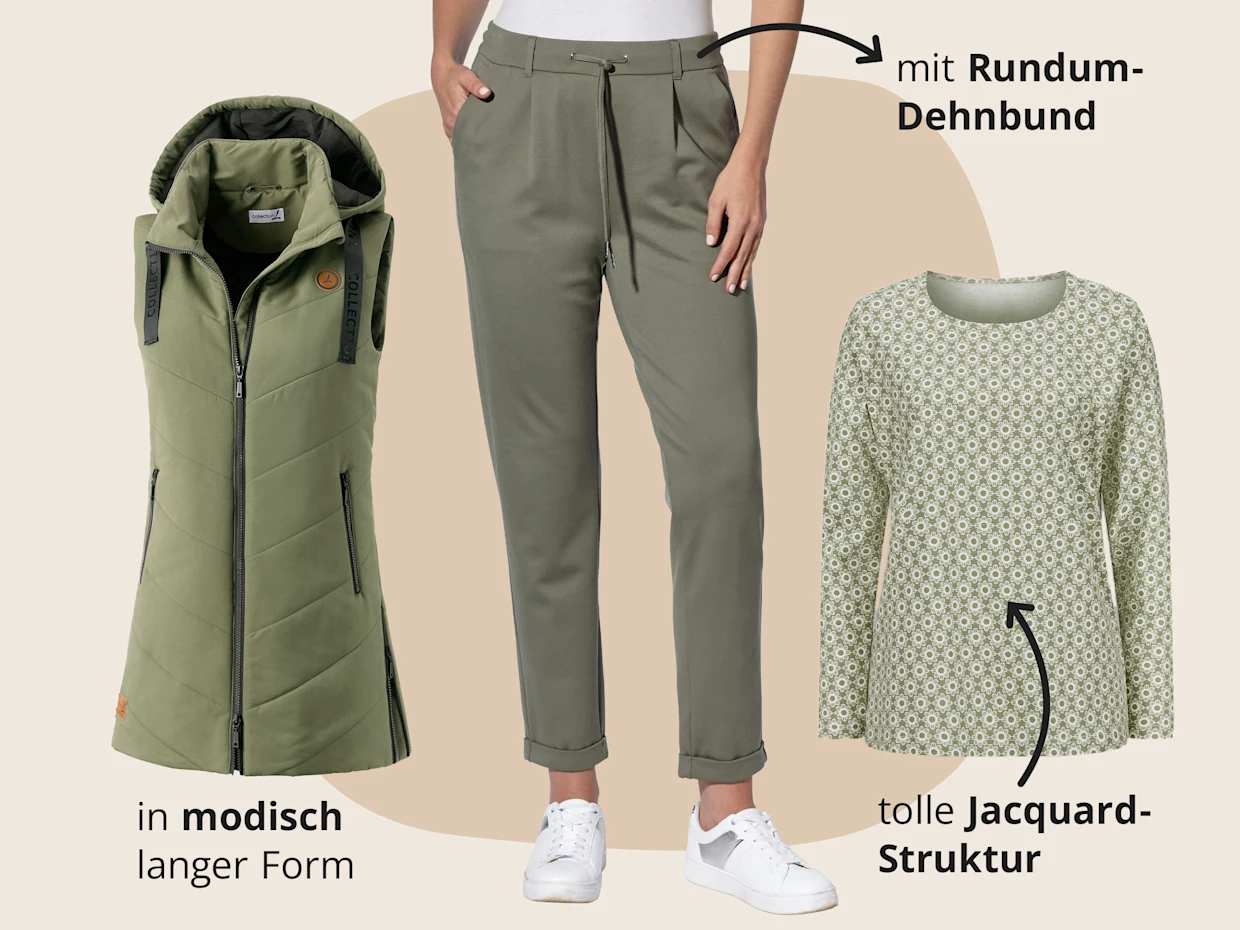 Das Bild zeigt eine khakifarbene Longweste, ein schilf-ecru-bedrucktes Langarmshirt und khakifarbene Jogg Pants vor beige-orangenem Hintergrund mit schwarzem Text. Text zum Shirt: 'tolle Jacquard-Struktur'. Text zur Weste: 'in modisch langer Form'. Text zur Hose: 'mit Rundum-Dehnbund'. Das Bild zeigt eine khakifarbene Longweste, ein schilf-ecru-bedrucktes Langarmshirt und khakifarbene Jogg Pants vor beige-orangenem Hintergrund mit schwarzem Text. Text zum Shirt: 'tolle Jacquard-Struktur'. Text zur Weste: 'in modisch langer Form'. Text zur Hose: 'mit Rundum-Dehnbund'.