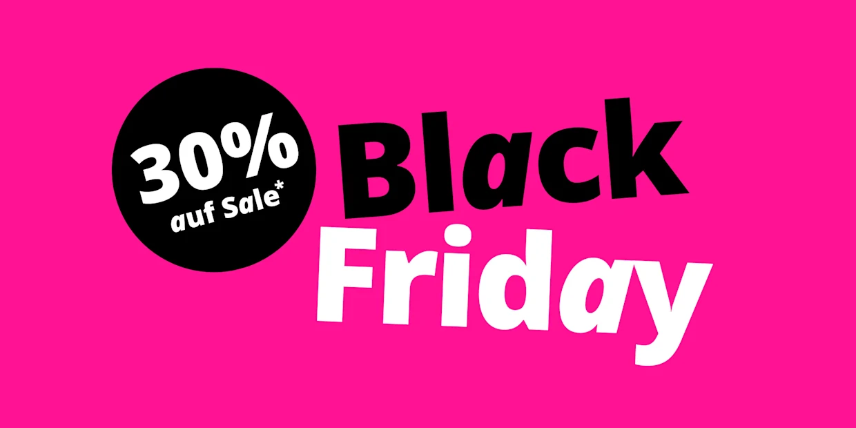 Eine Werbeanzeige mit dem Text '30% auf Sale* Black Friday'. Der Hintergrund ist pink, links befindet sich ein schwarzer Kreis mit weißer Schrift, rechts steht der Text 'Black Friday' in Schwarz und Weiß.
