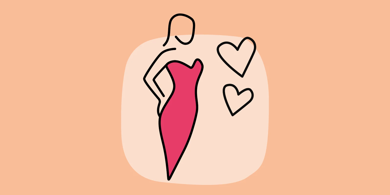 Ein Model in einem roten Kleid, daneben zwei gezeichnete Herzen, auf beigem Hintergrund.