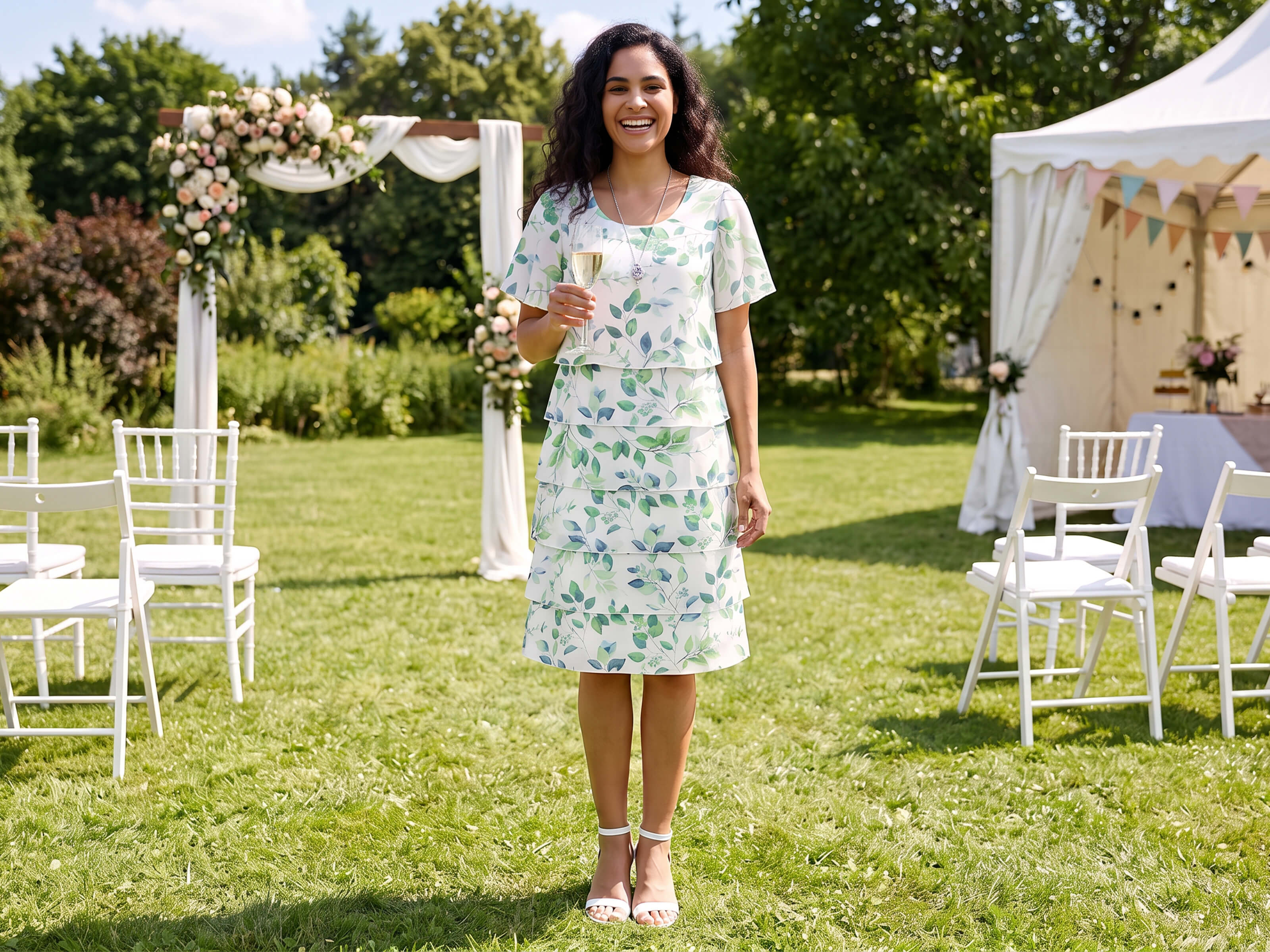 Ein Model mit lockigem Haar trägt ein weißes Kleid mit grünem Blattmuster, steht auf einer Wiese bei einer Hochzeit und hält ein Glas Sekt.