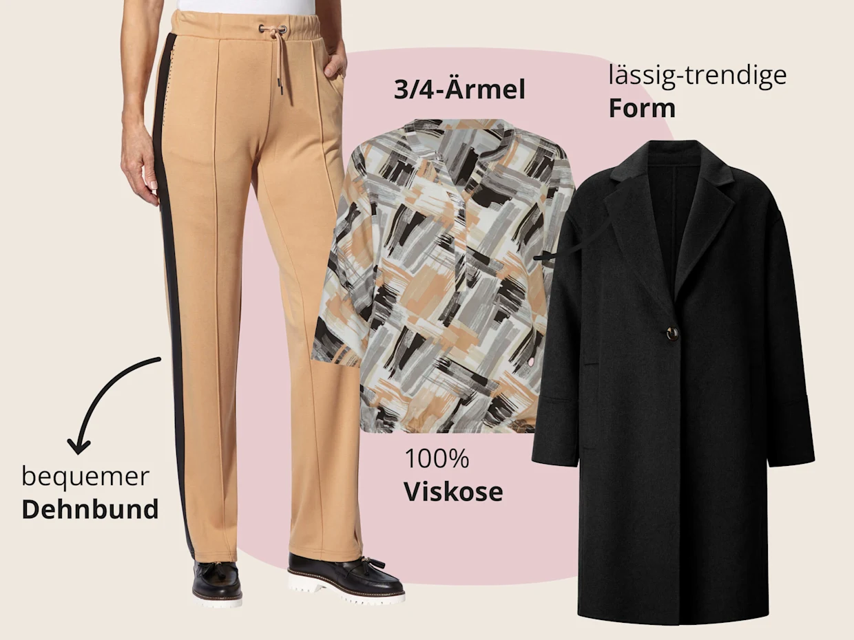 Das Bild zeigt eine ecru-schwarz-bedruckte Schlupfbluse, einen schwarzen Kurzmantel und eine camelfarbene Schlupfhose vor beige-rosa Hintergrund mit schwarzem Text. Text zur Bluse: '3/4-Ärmel' '100% Viskose'. Text zum Mantel: 'lässig-trendige Form'. Text zur Hose: 'bequemer Dehnbund'. Das Bild zeigt eine ecru-schwarz-bedruckte Schlupfbluse, einen schwarzen Kurzmantel und eine camelfarbene Schlupfhose vor beige-rosa Hintergrund mit schwarzem Text. Text zur Bluse: '3/4-Ärmel' '100% Viskose'. Text zum Mantel: 'lässig-trendige Form'. Text zur Hose: 'bequemer Dehnbund'.