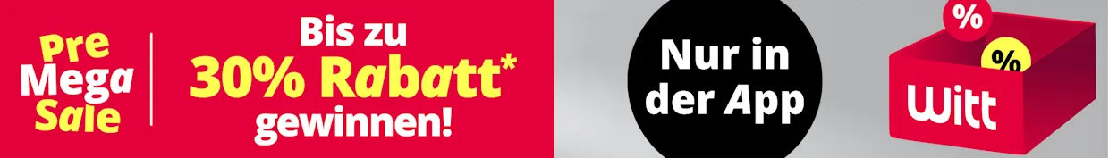 Eine Werbeanzeige mit dem Text 'Pre Mega Sale Bis zu 30 % Rabatt* gewinnen! Nur in der App!' Der Hintergrund ist links kräftig rot und rechts grau, mit einer roten Box und mehreren Prozentzeichen in Sprechblasen.