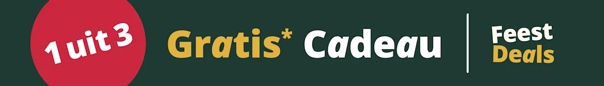 Witt Feest Deals: Tekst 'Gratis Cadeau' en rode cirkel met '1 uit 3' op een donkergroene achtergrond.