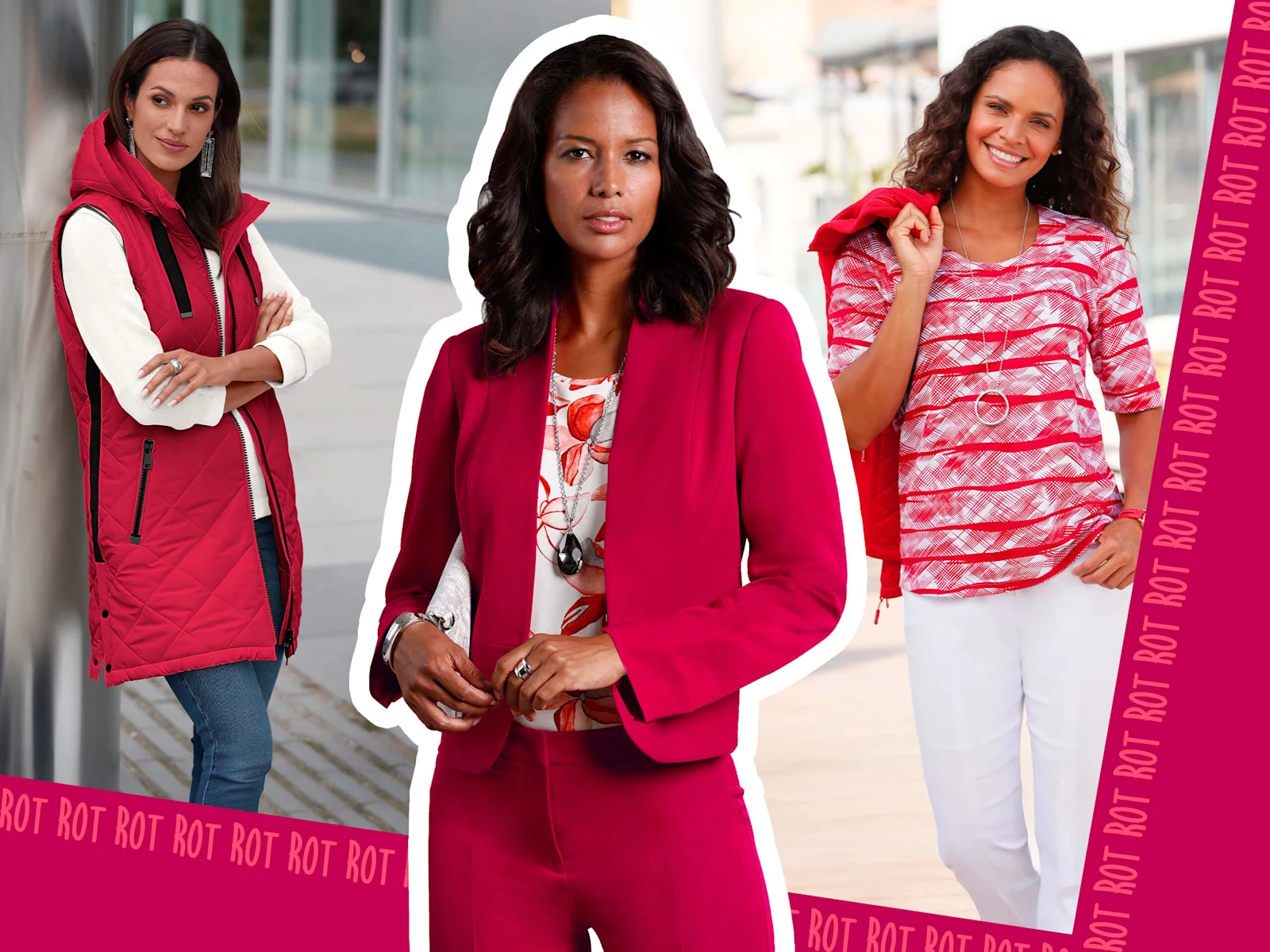 Collage mit drei Models: Das Model auf der linken Seite trägt eine erdbeerfarbene Longweste mit Rautensteppung, das Model in der Mitte trägt einen roten Kurzblazer mit abgerundetem Saum und das Model auf der rechten Seite trägt ein rot-weiß-bedrucktes Kurzarmshirt. Collage mit drei Models: Das Model auf der linken Seite trägt eine erdbeerfarbene Longweste mit Rautensteppung, das Model in der Mitte trägt einen roten Kurzblazer mit abgerundetem Saum und das Model auf der rechten Seite trägt ein rot-weiß-bedrucktes Kurzarmshirt.