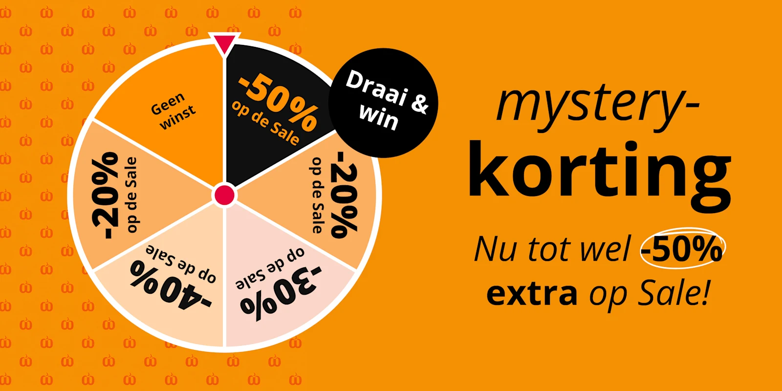 oranje reclamebanner met een rad van fortuin en tekst: mystery-korting, Nu tot wel -50% extra op Sale, Draai & win