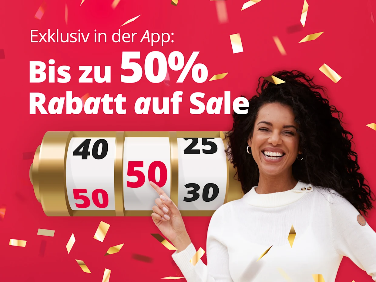Das Bild zeigt eine Person, die einen weißen Pullover trägt und auf eine goldene Slot Machine zeigt. Die Zahlen 40 und 50 sind sichtbar, wobei 50 hervorgehoben ist. Im Hintergrund sind goldene Konfetti auf einem roten Hintergrund verteilt. Der Text auf dem Bild lautet: 'Exklusiv in der App: Bis zu 50% Rabatt auf Sale'. Das Bild zeigt eine Person, die einen weißen Pullover trägt und auf eine goldene Slot Machine zeigt. Die Zahlen 40 und 50 sind sichtbar, wobei 50 hervorgehoben ist. Im Hintergrund sind goldene Konfetti auf einem roten Hintergrund verteilt. Der Text auf dem Bild lautet: 'Exklusiv in der App: Bis zu 50% Rabatt auf Sale'.