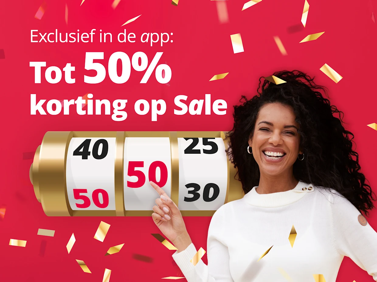 Op de afbeelding is een persoon te zien die een witte trui draagt en naar een gouden gokkast wijst. De getallen 40 en 50 zijn zichtbaar, waarbij 50 wordt benadrukt. Op de achtergrond wordt gouden confetti gestrooid op een rode achtergrond. De tekst op de afbeelding luidt: 'Exclusief in de app: Tot 50% korting op Sale'. Op de afbeelding is een persoon te zien die een witte trui draagt en naar een gouden gokkast wijst. De getallen 40 en 50 zijn zichtbaar, waarbij 50 wordt benadrukt. Op de achtergrond wordt gouden confetti gestrooid op een rode achtergrond. De tekst op de afbeelding luidt: 'Exclusief in de app: Tot 50% korting op Sale'.