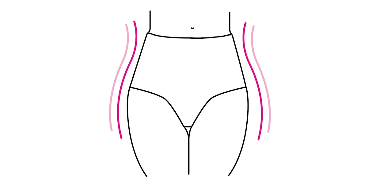 Illustration einer weiblichen Silhouette mit einem hochgeschnittenen Slip, rosa Linien betonen die Kurven der Taille. Illustration einer weiblichen Silhouette mit einem hochgeschnittenen Slip, rosa Linien betonen die Kurven der Taille.