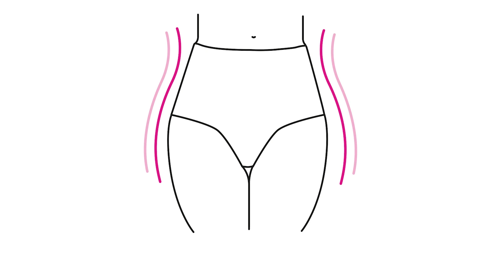 Illustration einer weiblichen Silhouette mit einem hochgeschnittenen Slip, rosa Linien betonen die Kurven der Taille. Illustration einer weiblichen Silhouette mit einem hochgeschnittenen Slip, rosa Linien betonen die Kurven der Taille.