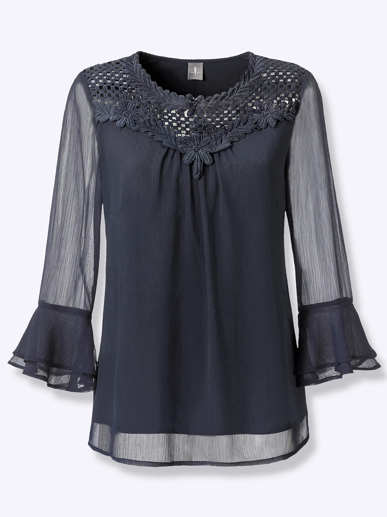 Dunkelblaue Bluse mit transparenten langen Ärmeln, floraler Häkelspitze am Ausschnitt und leichtem, fließendem Stoff.