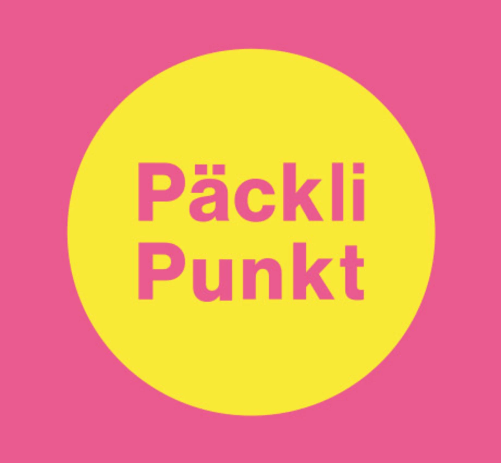 Das Symbol 'Päckli Punkt' in rosa Schrift auf gelbem Kreis vor rosa Hintergrund. Das Symbol 'Päckli Punkt' in rosa Schrift auf gelbem Kreis vor rosa Hintergrund.